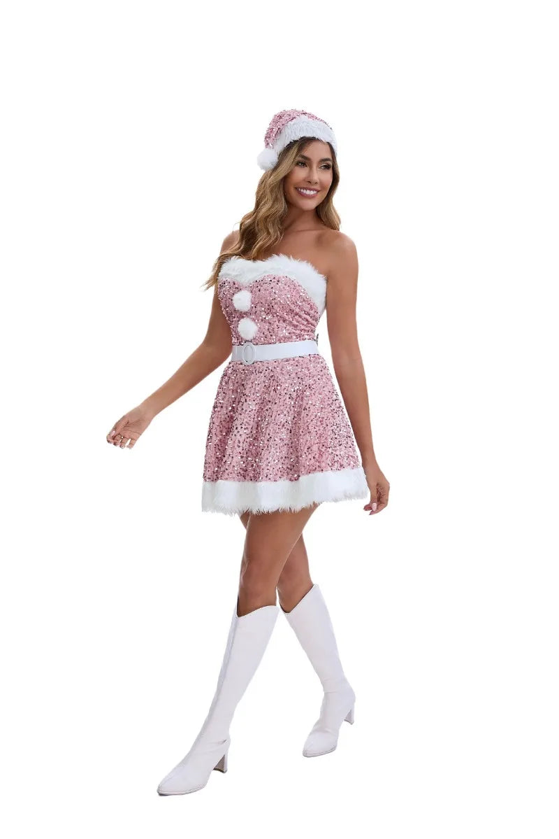 Christmas Atmosphere New Year's Robe Women's Christmas Dress Pink Red Sequined Dress Plush