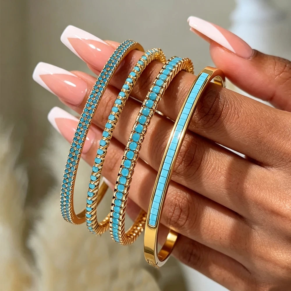 ZAKOL New 4 Styles Bule Turquoise Zircon Inlaid Bracelet Bangles for Women Ffashion Open Buckle Bracelets Stacking Jewelry