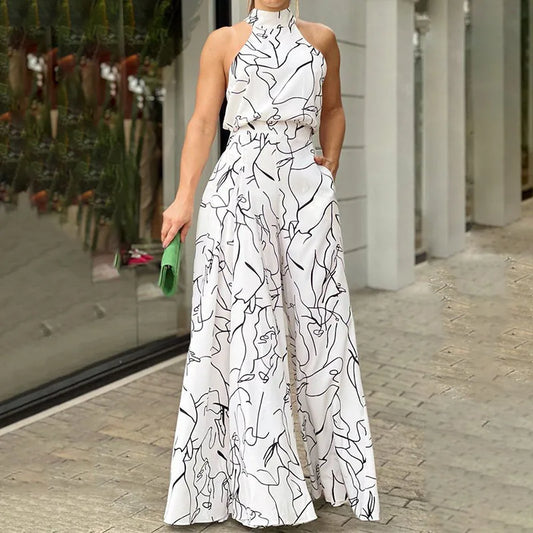 Summer Lace-Up Sleeveless Jumpsuit – Loose Fit with Geometric Print & Pockets | جمبسوت صيفي أنيق بدون أكمام برباط خصر ونقشة هندسية مع جيوب