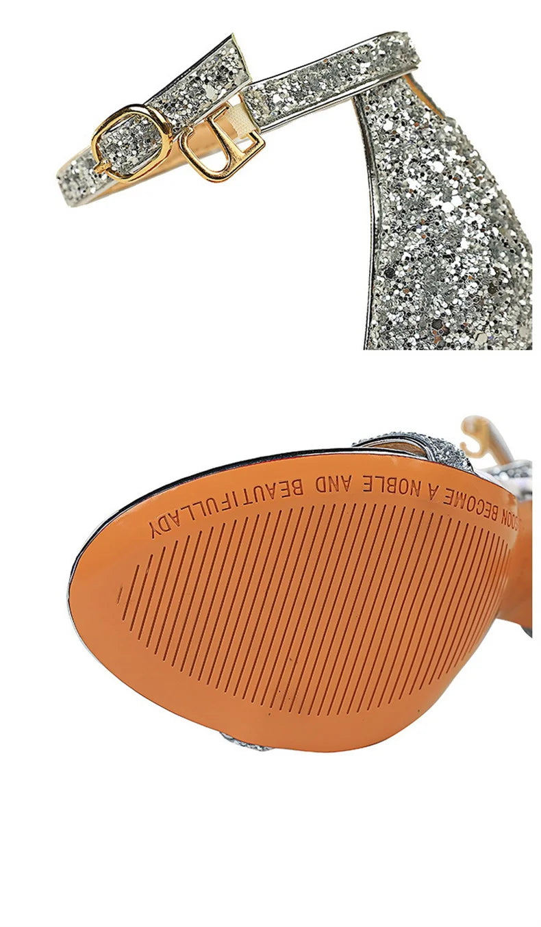 2024 New Women Classic High Heels Hollow Sandals Sparkling Sequins Stiletto Female Summer Pumps Gentle One Word Belt  829-3