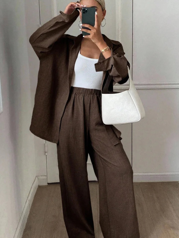 2026 New Women Linen Two Piece Outfit Set Lapel Long Sleeve Button Shirts Elastic Waist Wide Leg Pants Casual Loose Home Suit