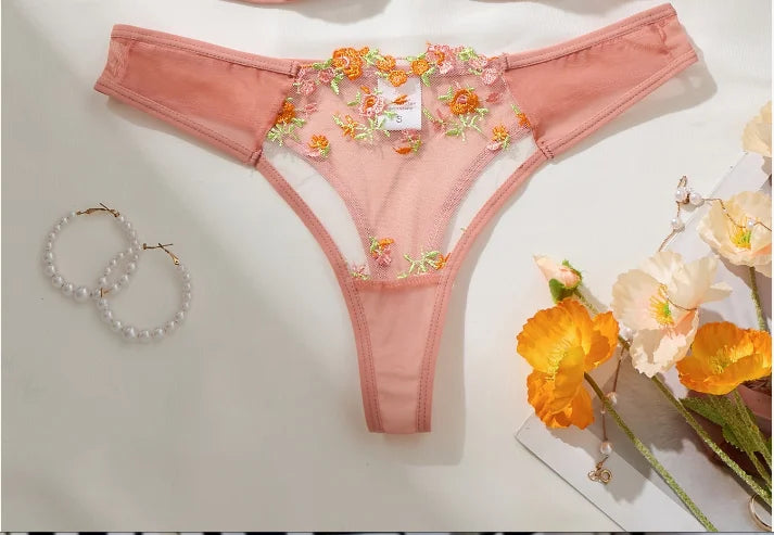 French Orange Floral Embroidery Lace Lingerie Set Sexy See-through Bra Support for Valentine's Party