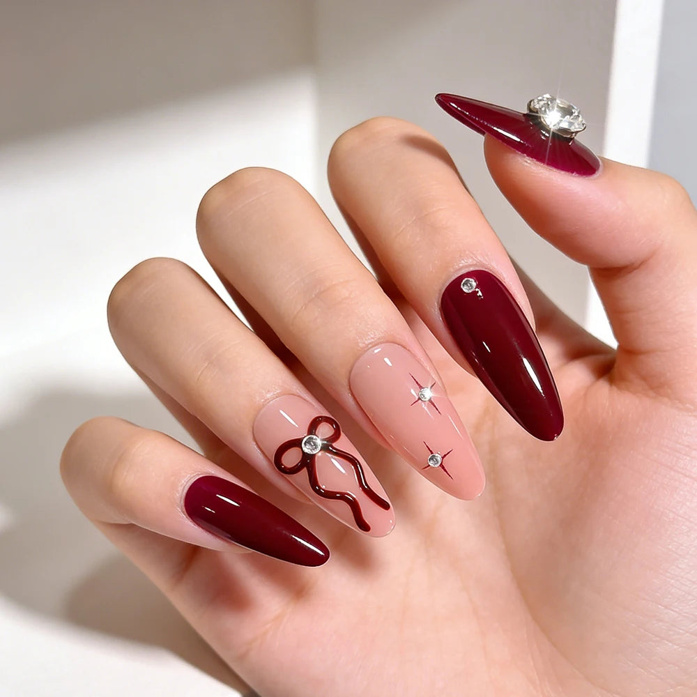 24Pcs Red Bowknot Design False Nails Medium Almond Fake Nail Tips Extension with Shiny Diamond for Women Wearable Press on Nails