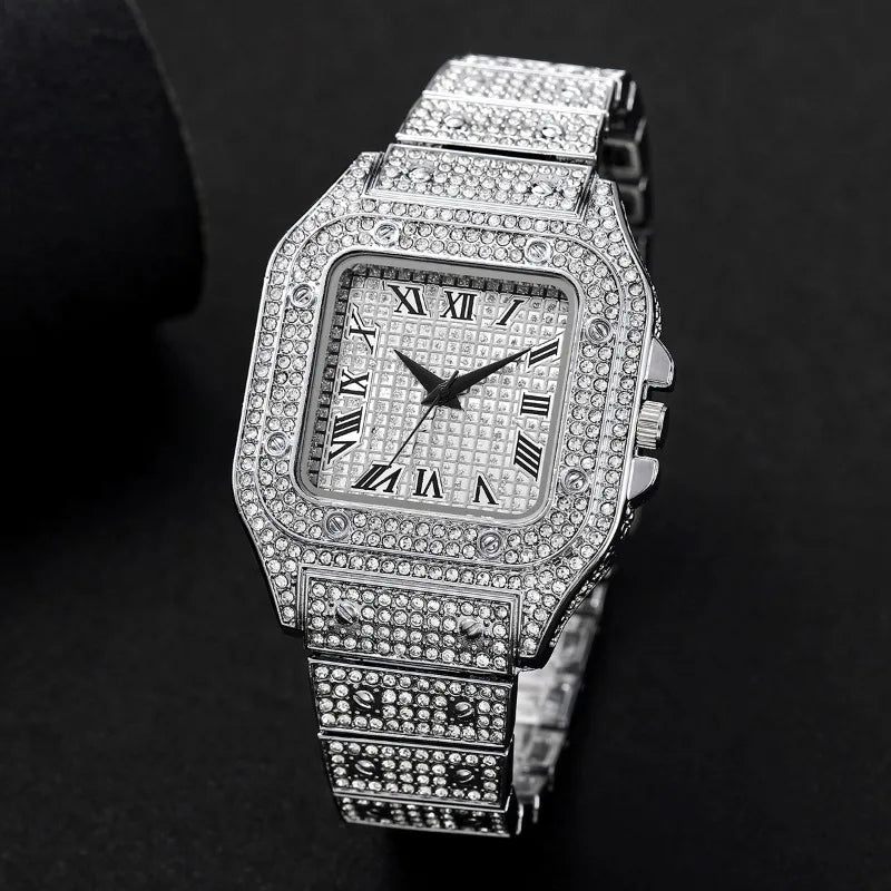 4PCS Fashion Iced Out Square Men Watch Cuban Chain Bracelet Necklaces Set Luxury Diamond Quartz Wristwatch Jewelry（Without Box）