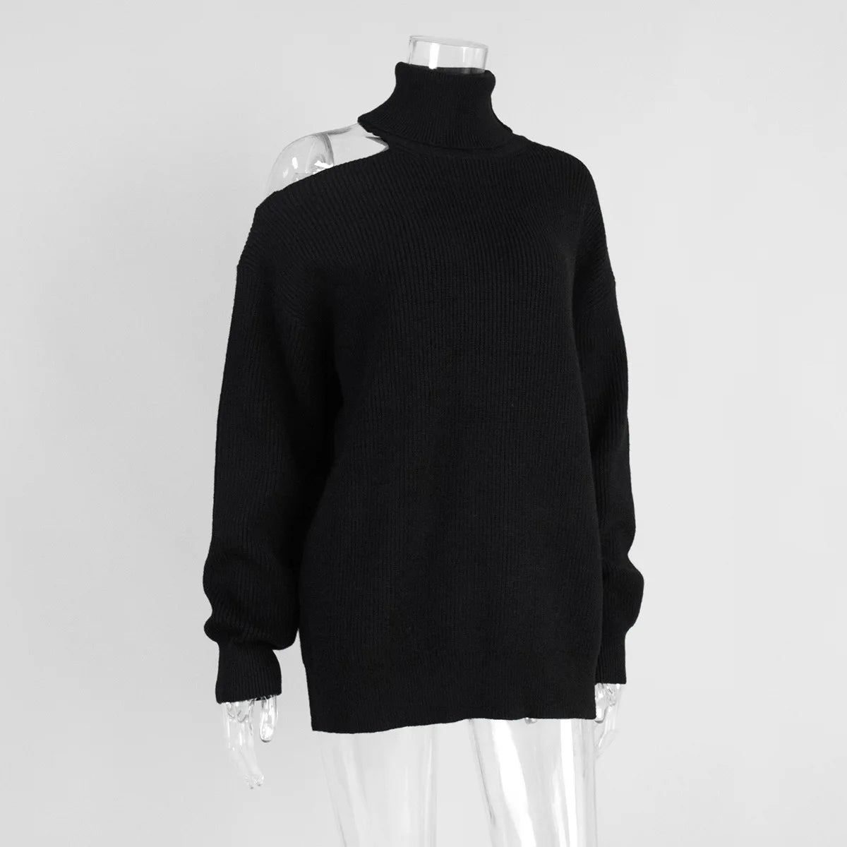 Women New Turtleneck Cutout Shoulder Pullover Long Sleeve Ribbed Knit Trendy Loose Fit Sweater Autumn Winter Fashion Streetwear