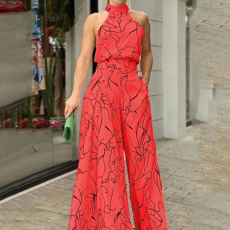 Summer Lace-Up Sleeveless Jumpsuit – Loose Fit with Geometric Print & Pockets | جمبسوت صيفي أنيق بدون أكمام برباط خصر ونقشة هندسية مع جيوب