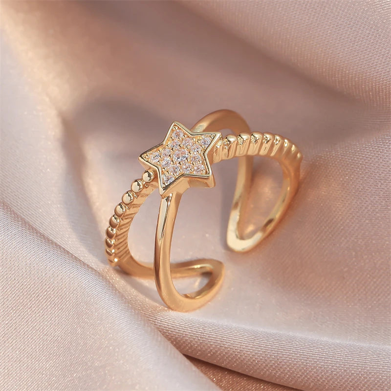 ZAKOL Fashion Double Layers Zircon Rings for Women Gold Color Plated Open Stainless Steel Ring Aesthetic Party Wedding Jewelry