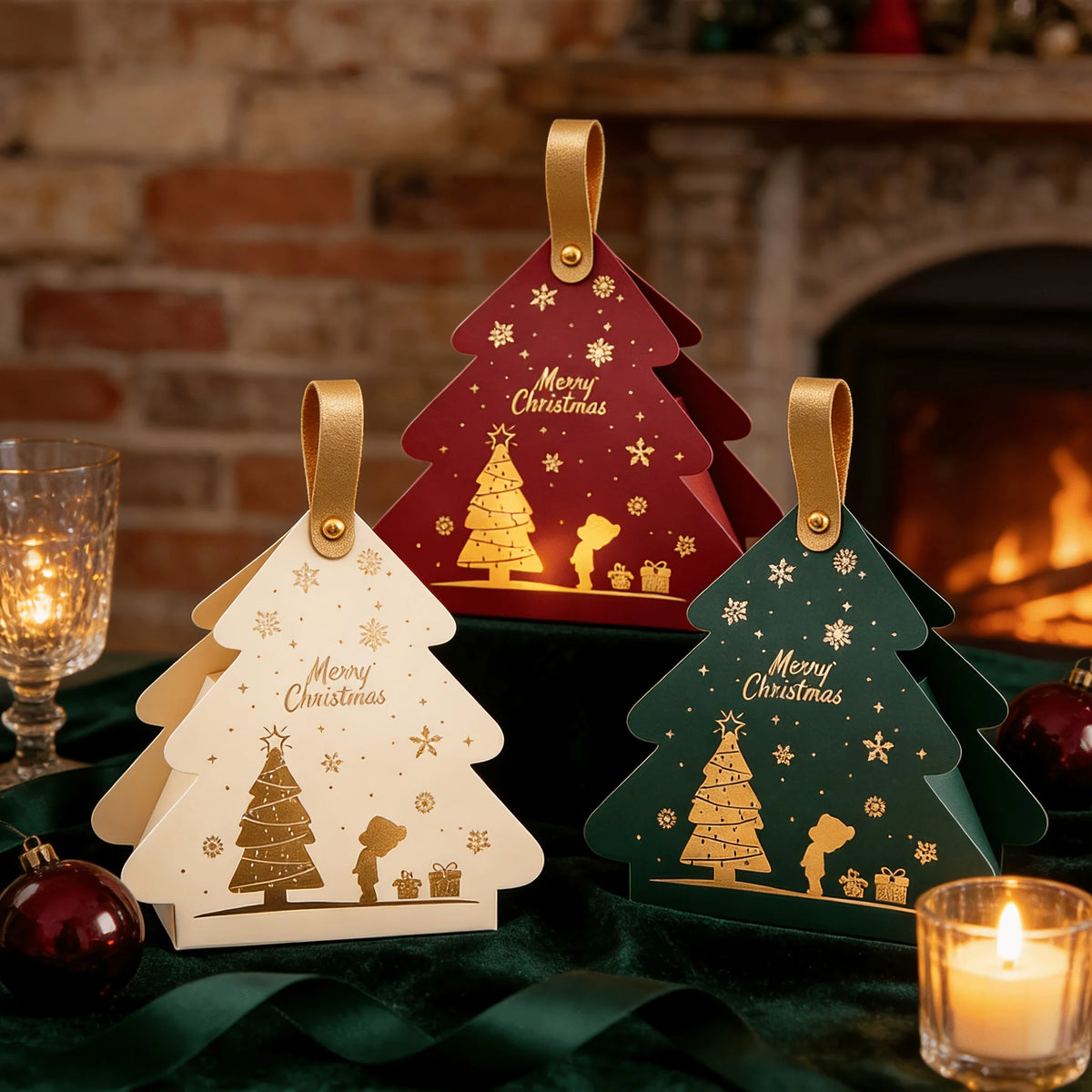 Christmas Tree Shaped Gift Box Set with Handle, Portable Paper Gift Bags,for Holiday Party Favors And Christmas Tree Decorations
