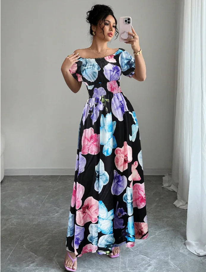 BKLD Women Clothing Summer Floral Print Dress Short Sleeve Square Collar Beach Holiday Outfits Waist Ruched Long Dresses Party