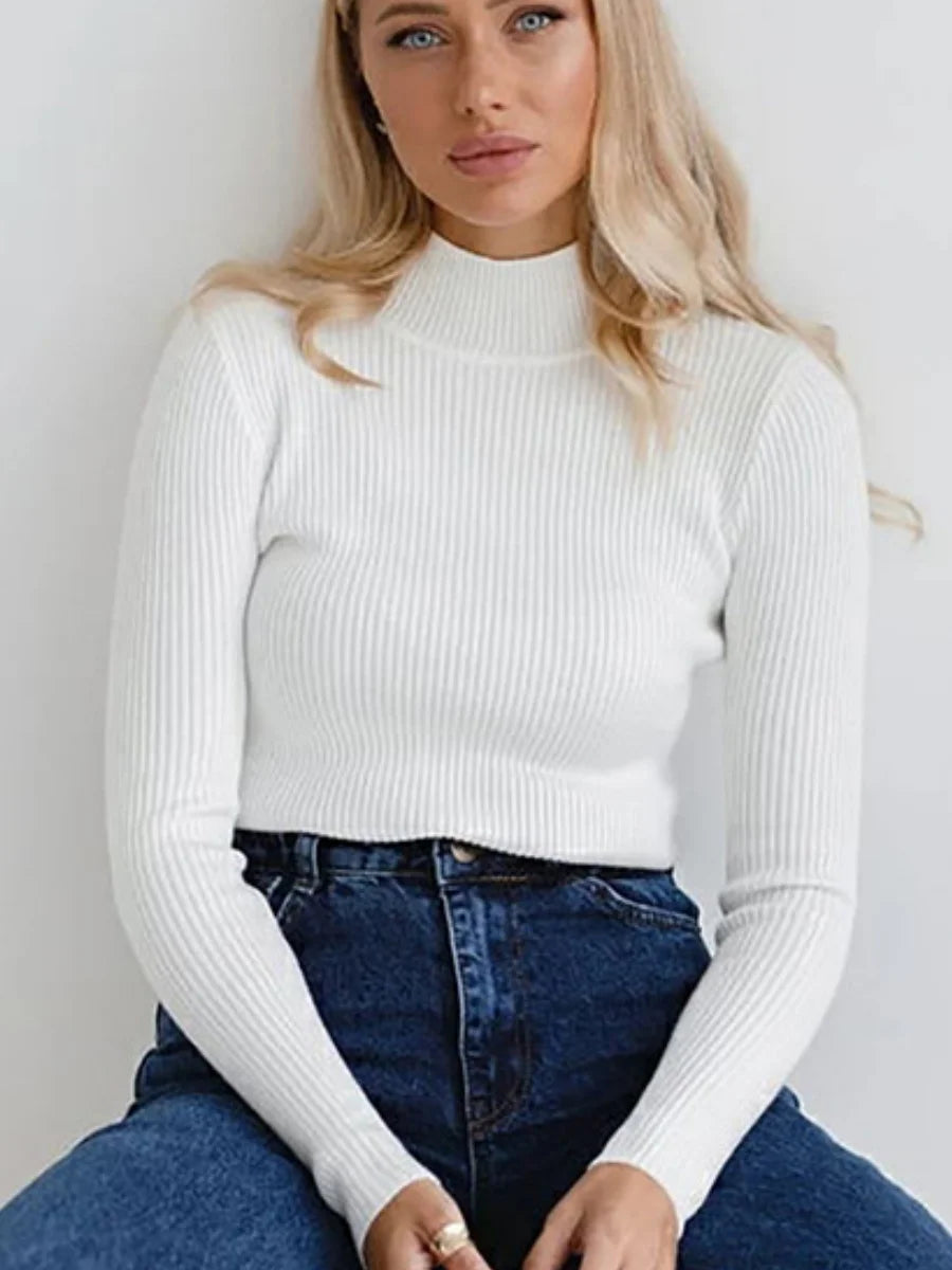 Women's Elegant Knitted Pullover Sweater Vintage Half High Neck Solid Tops Casual Slim Fit Sweaters Autumn Winter Basic Knitwear