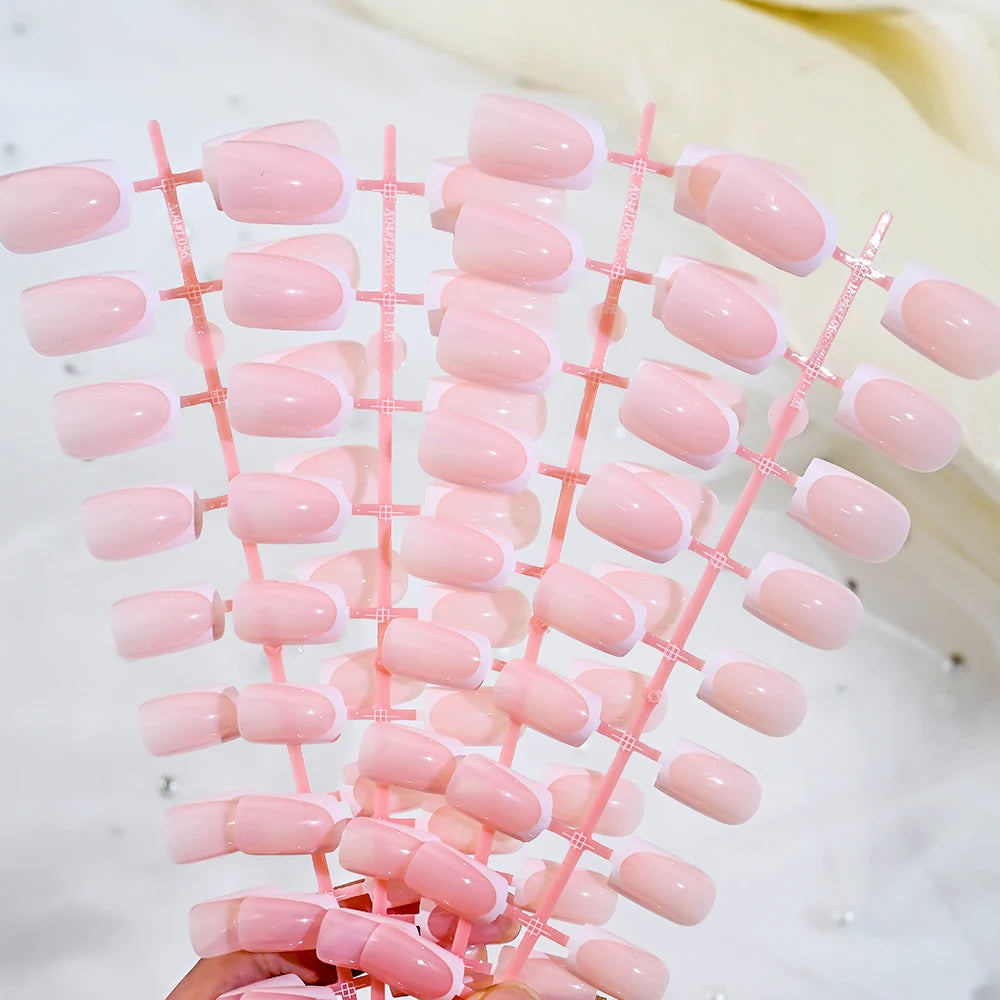 120Pcs Glossy Medium Coffin Press On Nails Pink Gradient French Fake Nails Acrylic Full Cover Ballerina False Nails For Women