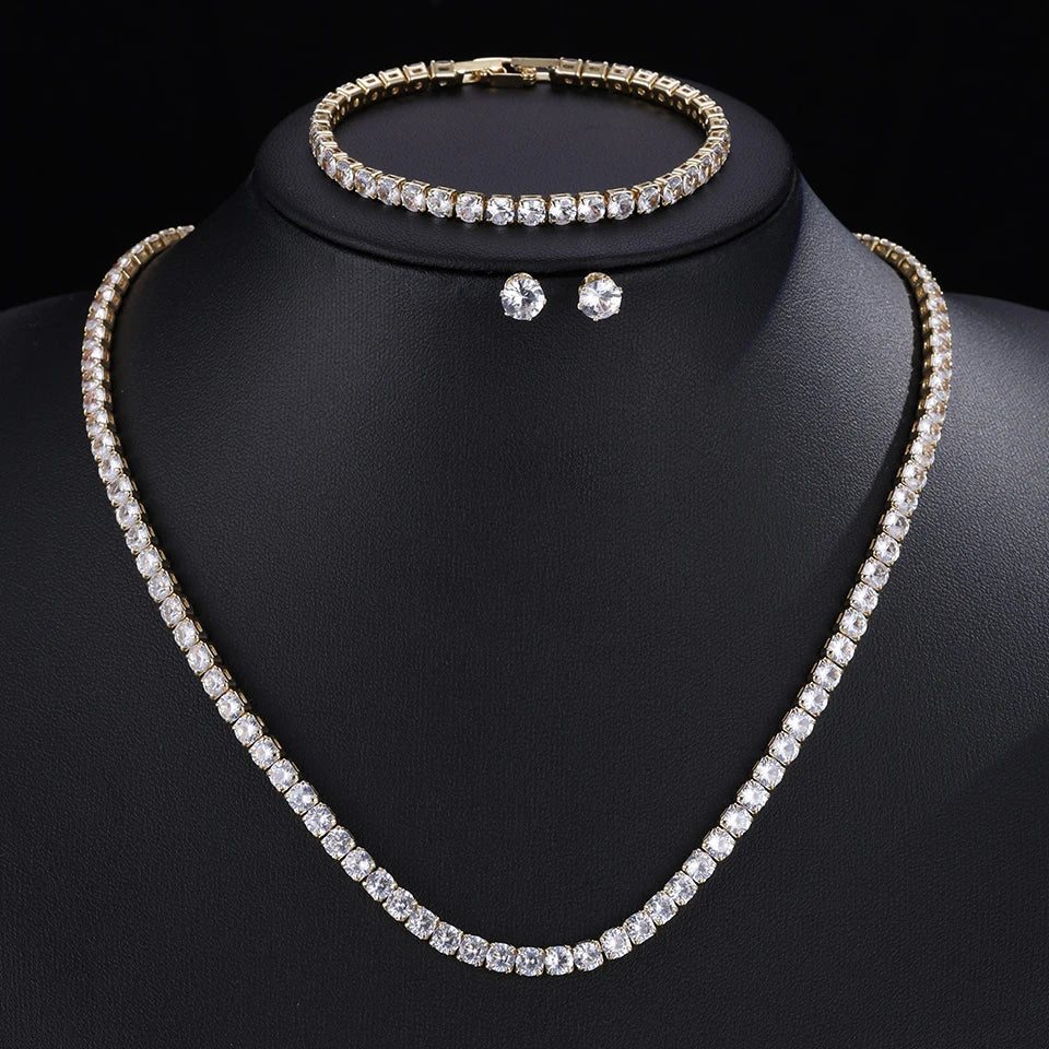 زاکول طقم مجوهرات زفاف فاخر للنساء يتضمن قلادة وأقراطًا من الزركونيا المكعبة الدائرية الشفافة اللامعة AAA للحفلات