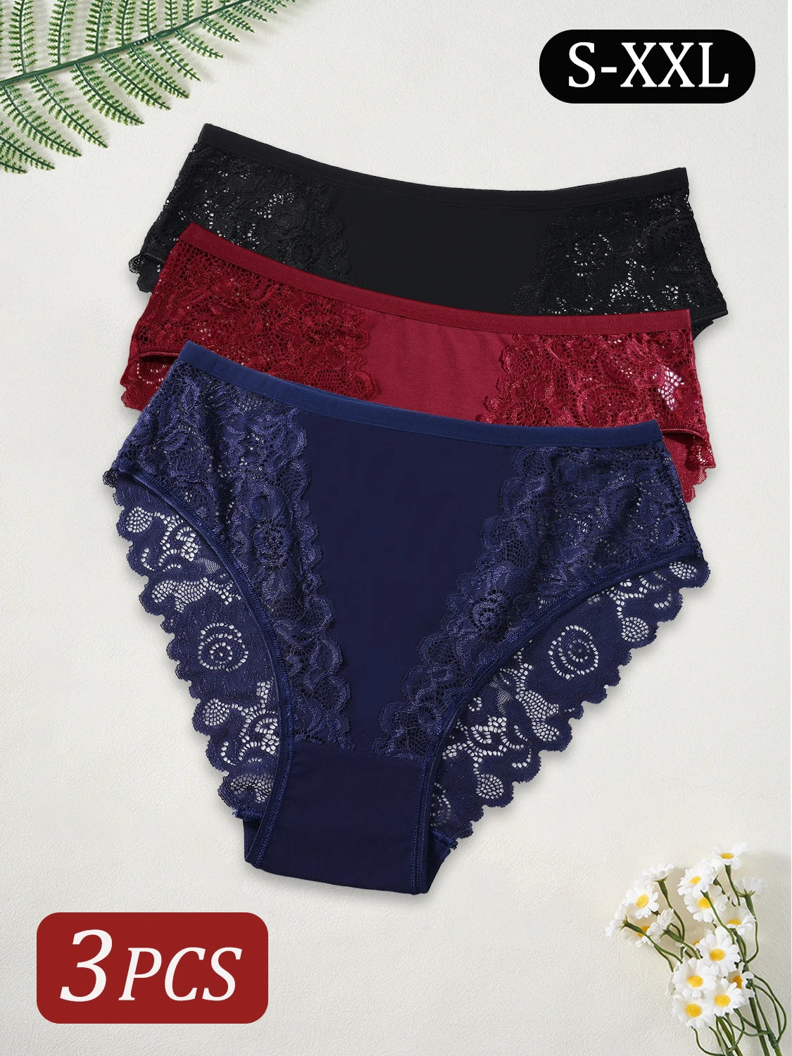 3PCS Elegant Lace Trimmed Lingerie for Women Hollow Out Lace Printed Sexy Briefs Comfort Breathable Mid-Waist Panties Ladies