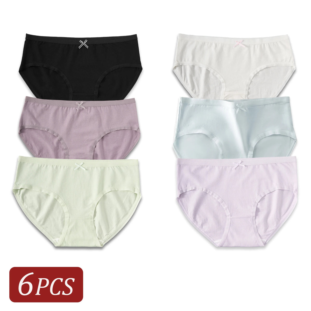 6PCS Women's Underpants Cotton Panties Solid Color Bowknot Design Briefs Simple Comfortable Breathable Female Lingerie Girls
