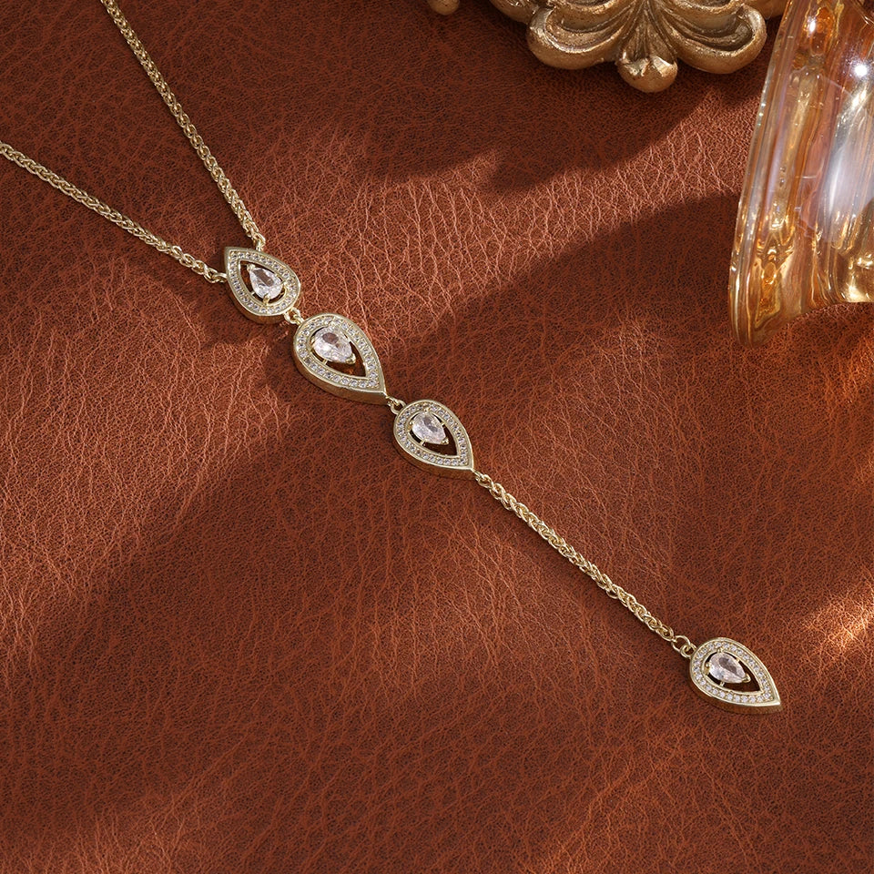 ZAKOL Elegant Tears Pear Cubic Zirconia Y-shaped Necklace for Women Sexy Fashion Body Chain Wedding Party Jewelry