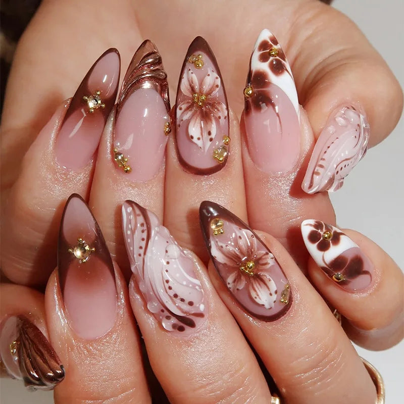 24Pcs Wine Red Almond Bow Heart Designs Press on Nails Glitter Cat Eye Diamond Nail Patch Wearable Elegant Full Cover Nail Tips