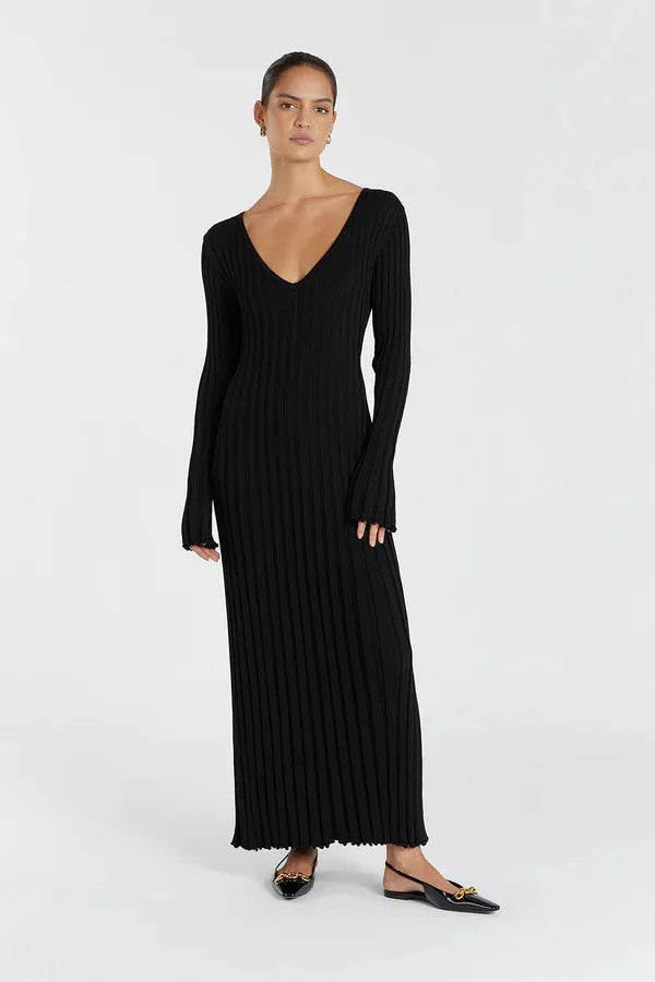 Vintage Lace-Up Female Knit Maxi Dress Elegant High Waist Patchwork Long Sleeve Loose Solid Dress Bodycon Knitwear Basic Dresses
