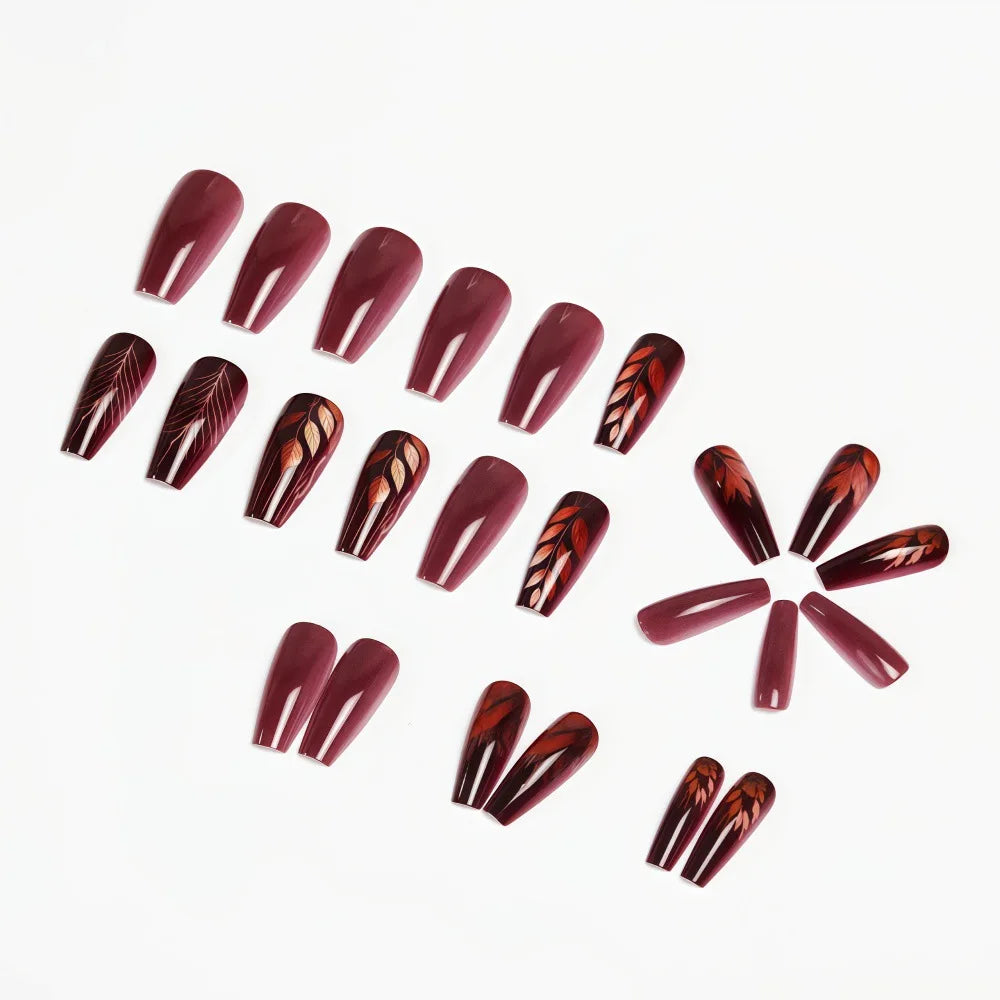 Medium long fake nails for women gilrs gradient brown coffee flora leaf design reusable full over press on Artificial Nails set
