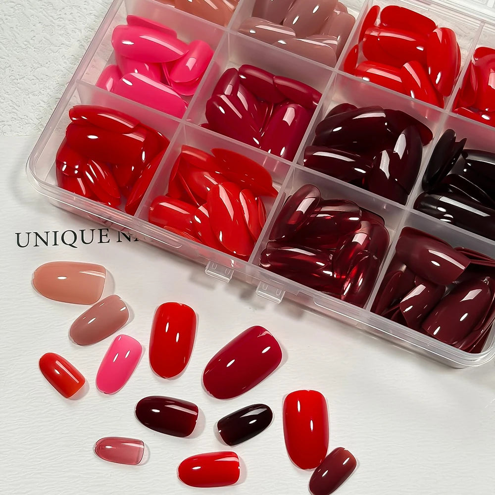 288Pcs Short Almond Full Cover Fake Nail Tips Extensions Red/Nude/Pink Stiletto False Nails for Women DIY Wearable Press on Nail