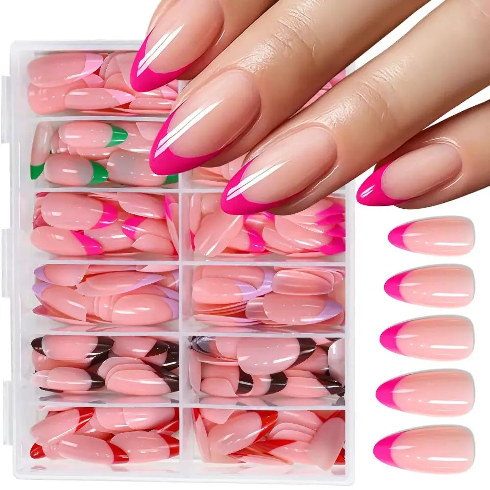 288Pcs Colorful Medium Almond French False Nails Red/Green/Pink/Purple Full Cover Fake Nails Tips Extension Women Press on Nails
