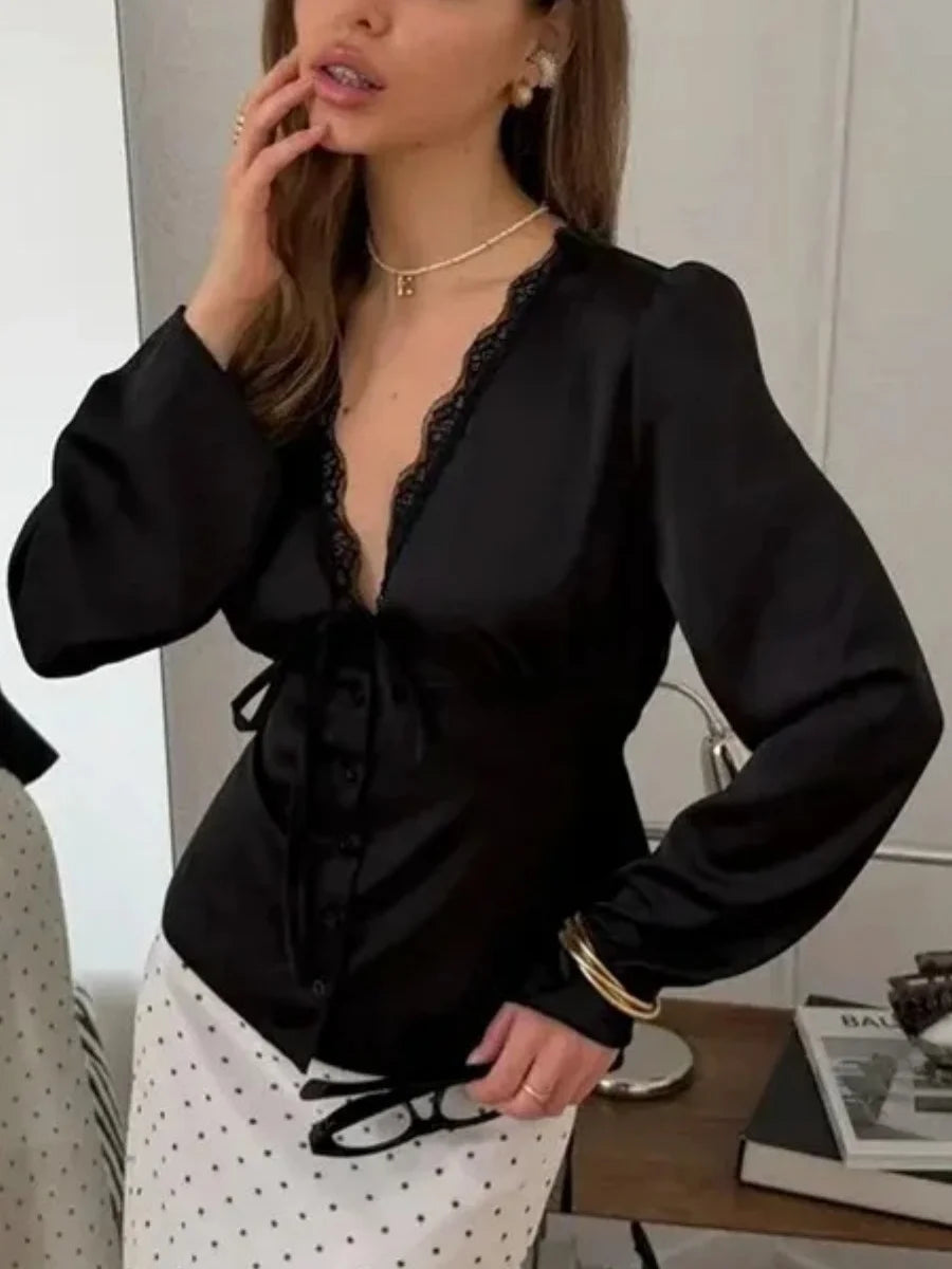 Vintage Lace Patchwork Satin Shirts Women Lace Up Long Sleeve Slim V-Neck Romantic Tops Female Spring Autumn Commute Streetwear