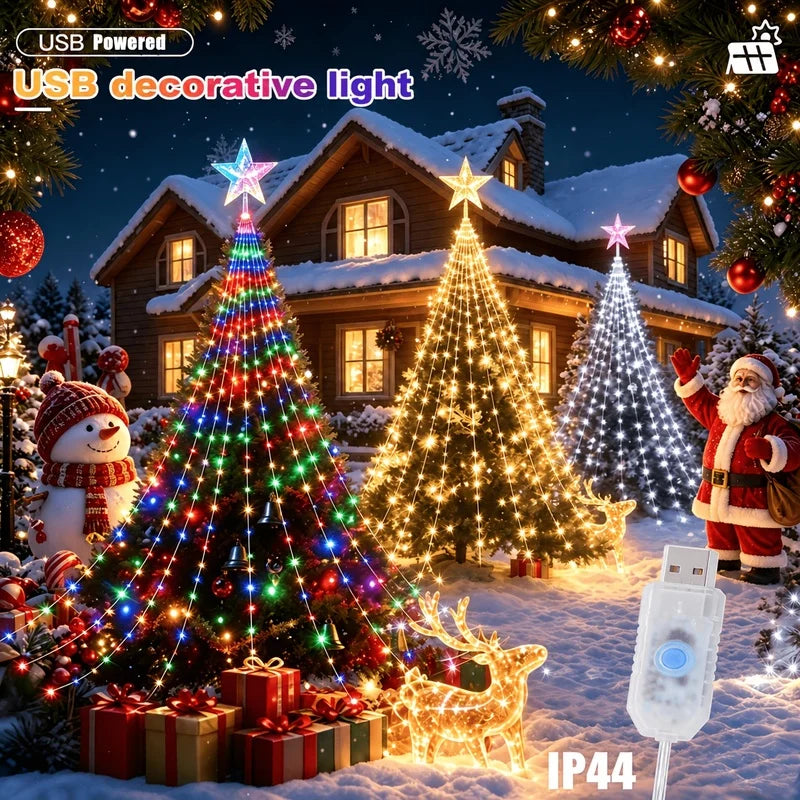 USB 180 LED Star String Lights -200CM, Waterfall & Tree Design for Indoor Outdoor Decor, Perfect for Parties, Wedding，Christmas