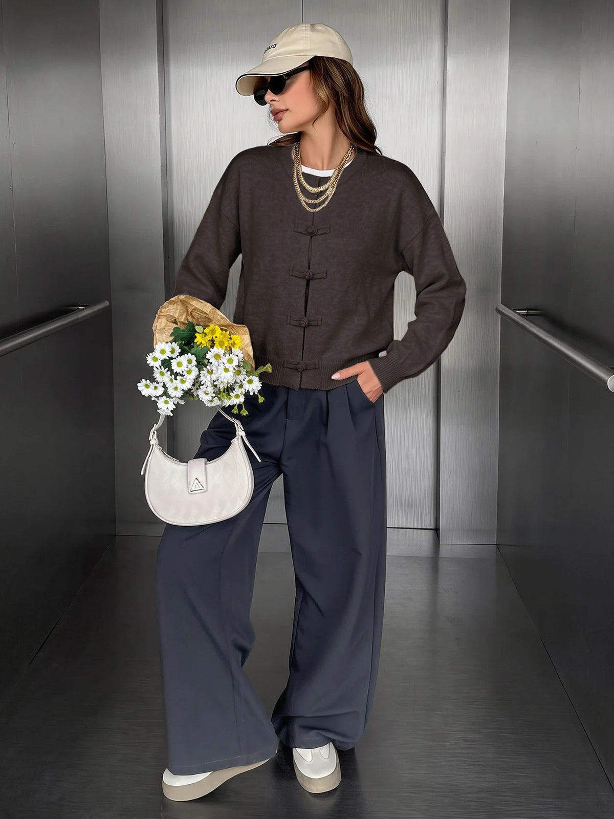 Women Vintage Knitted Sweater Causal Long Sleeve O-Neck Soft Warm Chinese Style Buckle Cardigan Female Autumn Winter Outerwear