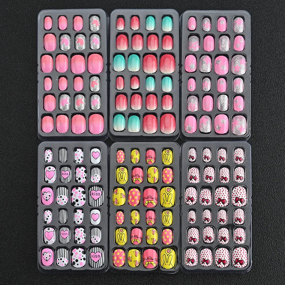 24Pcs/Box Cartoon Heart Bow Rainbow Design Kid Fake Nails Tips Cute False Nail Girls Press on Nails Full Cover Short Fingernails