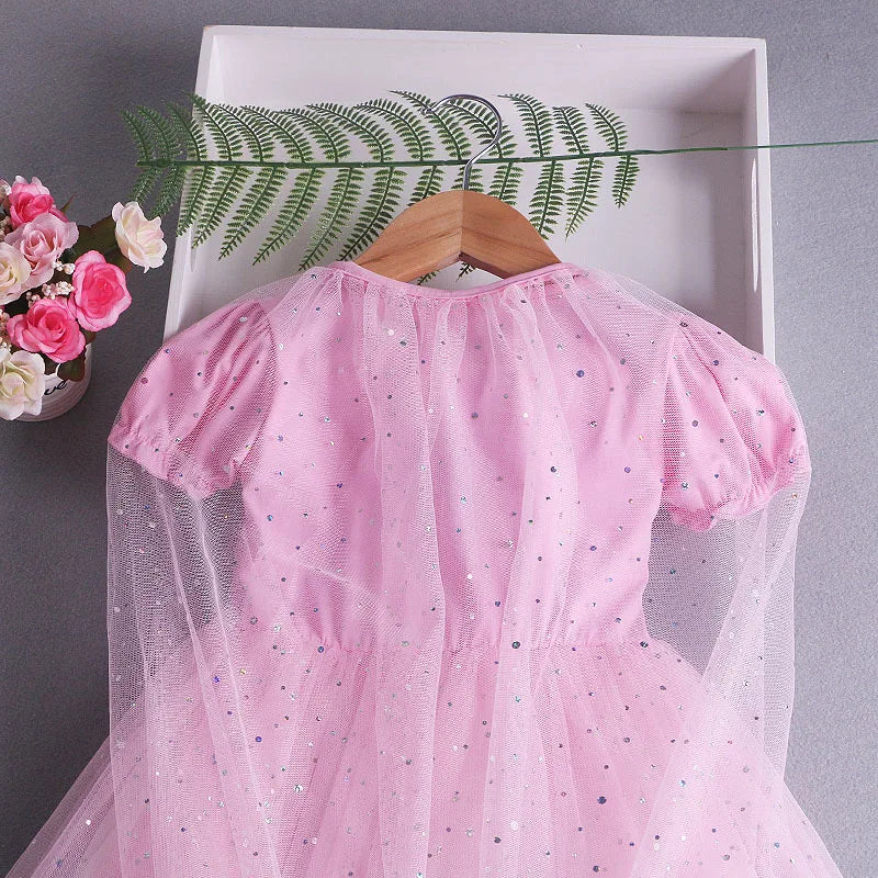 Disney Elsa Princess Dress with Cape Girls Dress Summer Kids Short Sleeve for Children's  2-8Y