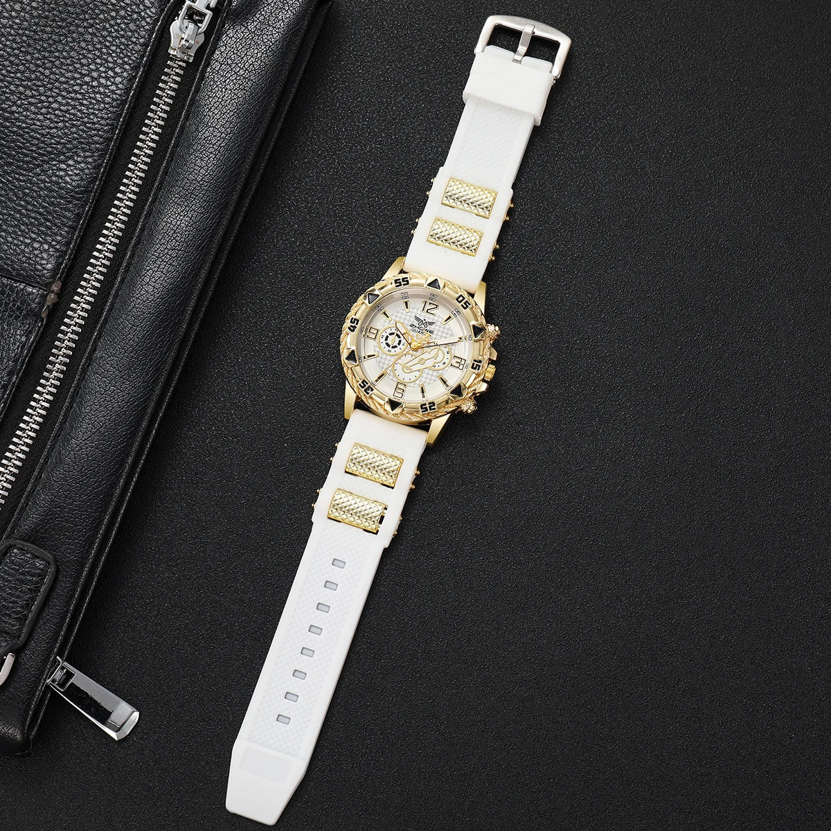 Fashion Gold Case Men Sports Quartz Watch White Silicone Strap Casual Male Dress Wristwatches Relogio Masculino（Without Box）
