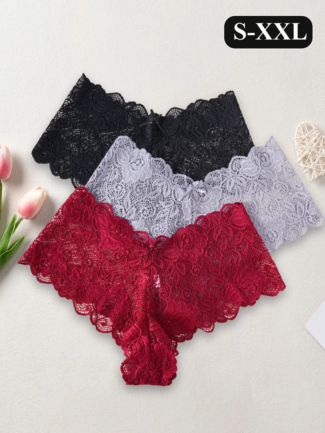 6PCS Women's Sexy Lace Underwear Solid Color V-Shape Low Waist Briefs Elegant Lace Floral Panties Fashion Breathable Lingerie