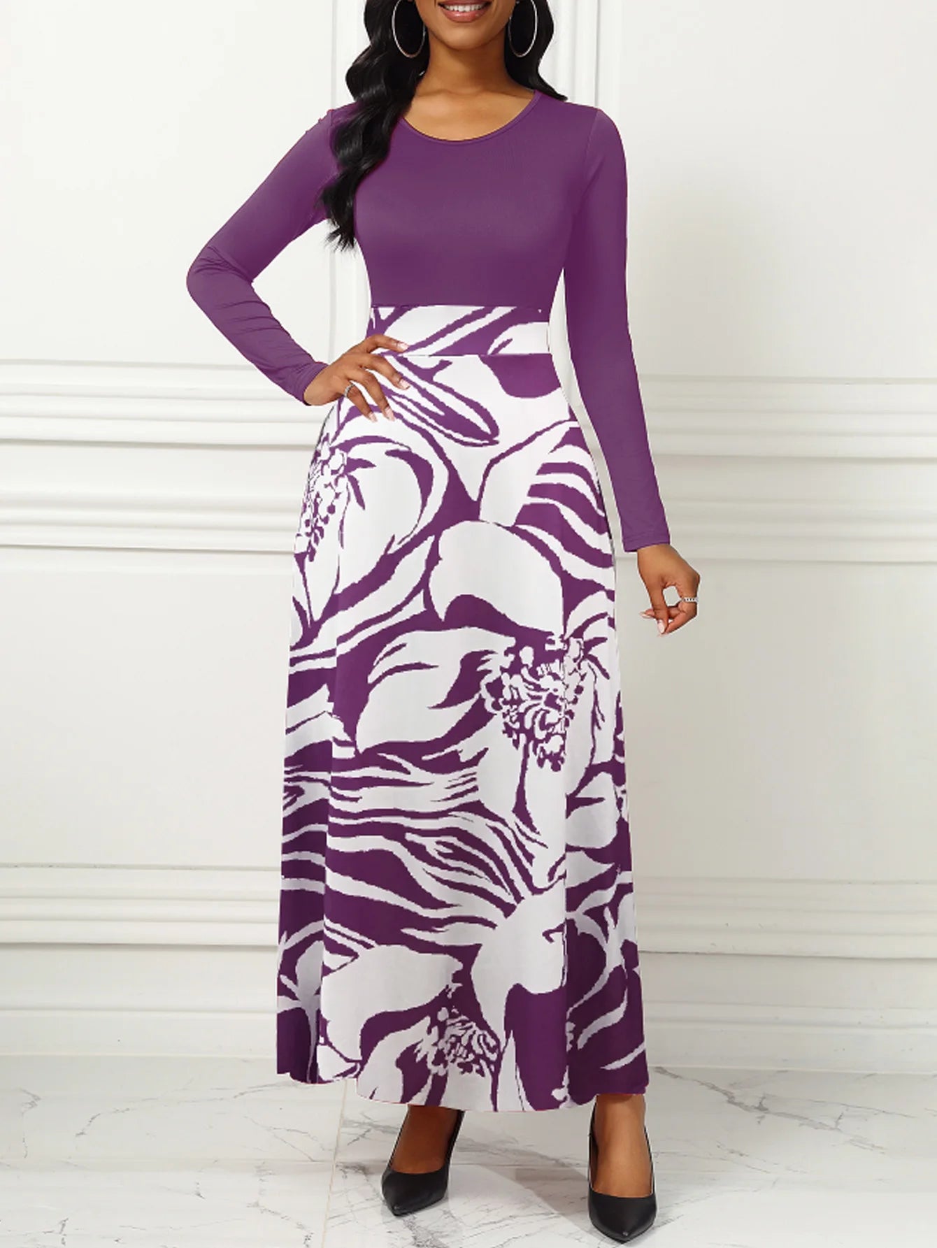 Printed Long Sleeve A-Line Maxi Dress – Elegant Purple 2026