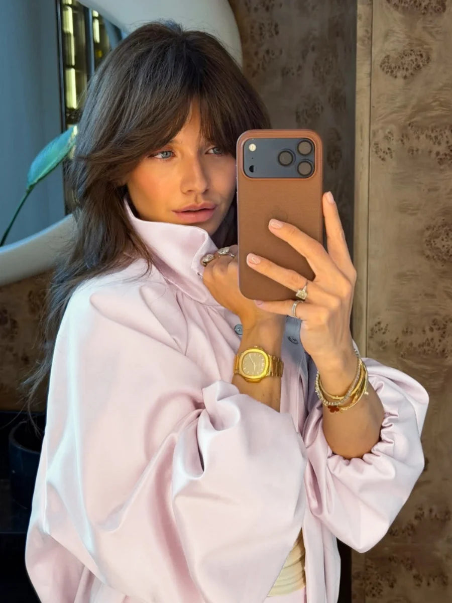 Women's Elegant Satin Zipper Jackets Fashion Stand Collar Long Puff Sleeve Loose Fit Coats Casual Autumn Winter Outerwear