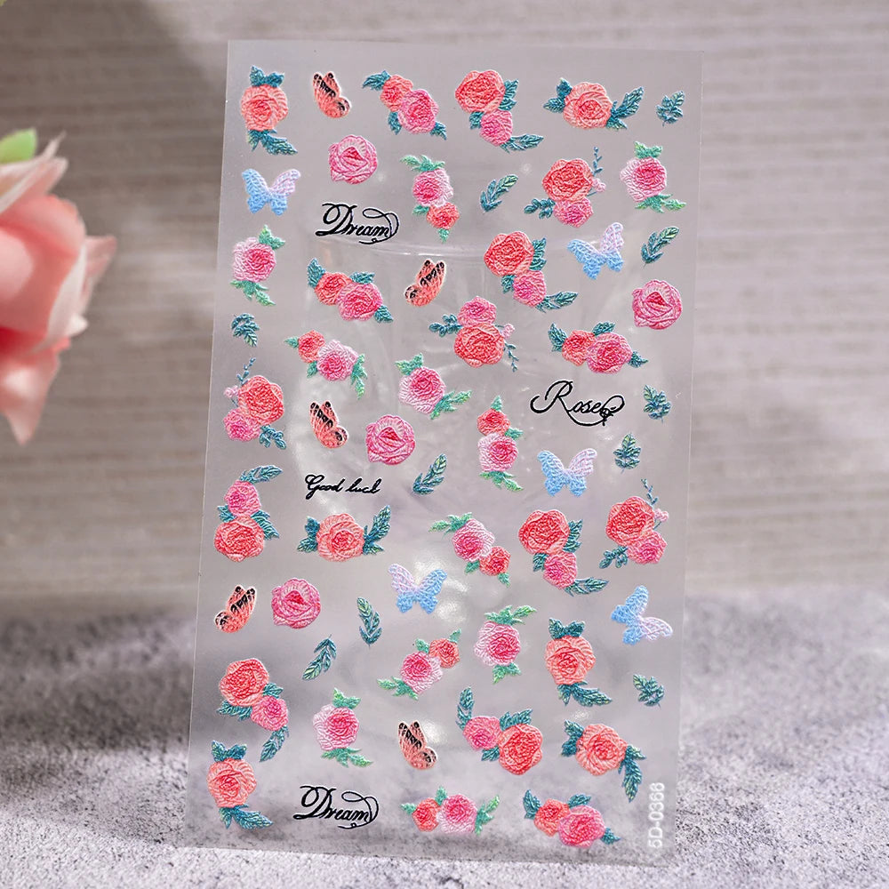 1Pc 5D Embossed Lavender Flower Nail Sticker Spring Floral Leaves Self-Adhesive Sliders Rose Heart Decals Manicure Decoration