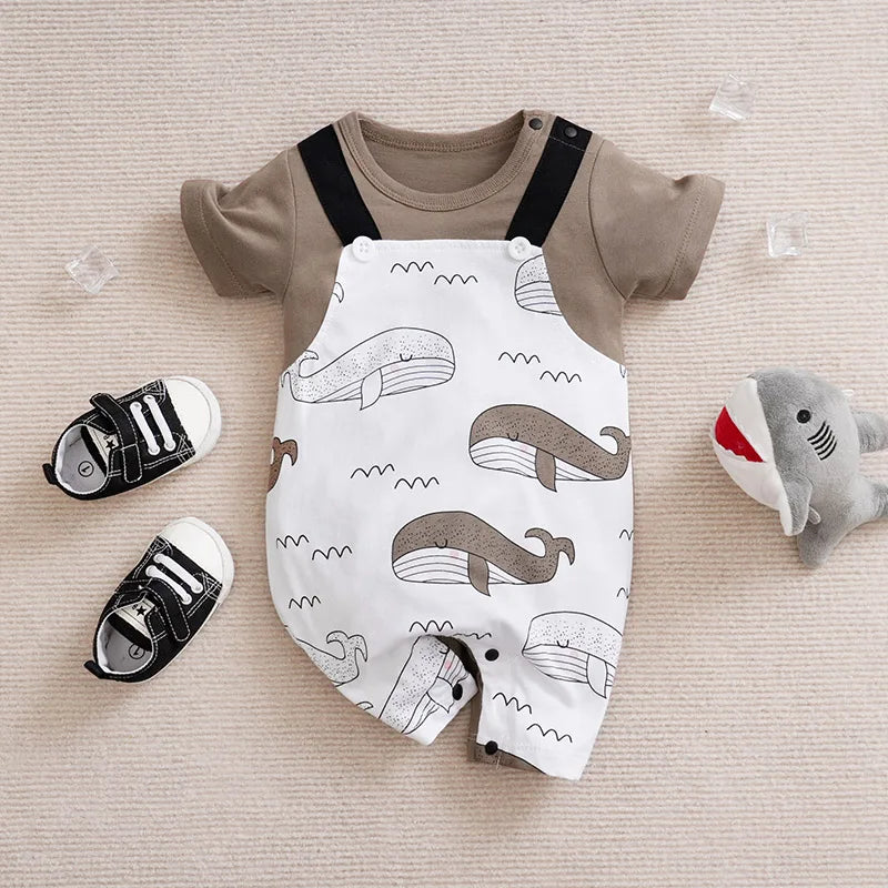 Baby Boy Girl Newborn Casual Cute Cartoon Whale Fake Two Pieces Of Baby Jumpsuit Cotton Summer Short Sleeved Jumpsuit