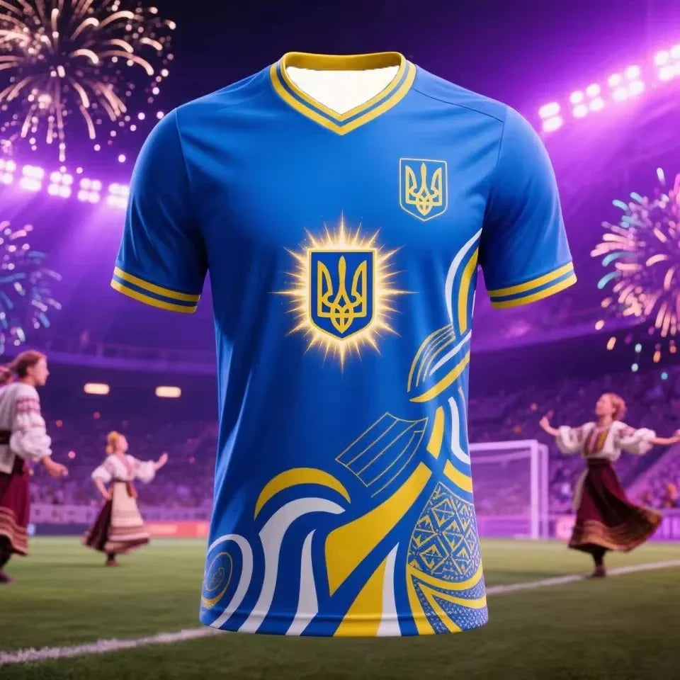 Soccer Jersey with Ukraine Trident Emblem Blue Yellow Flag Style 3D Printed Short Sleeve T Shirt Family Style Adults Kids Tee