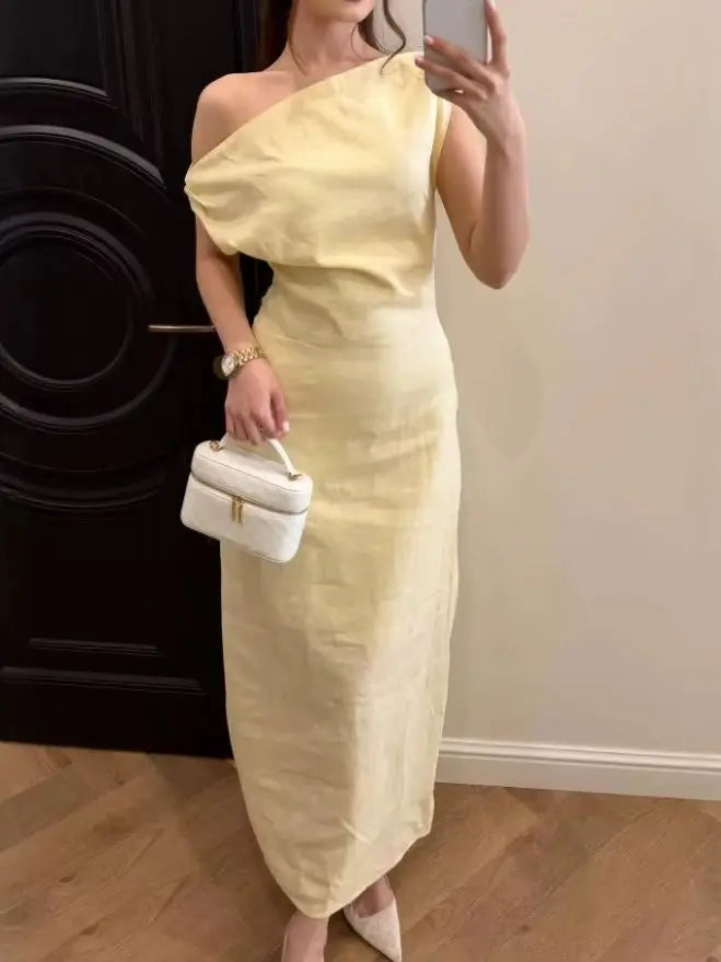 Elegant Solid One Shoulder Dresses Lady Skew Collar Waist-cinching Sleeveless Long Dress 2026 Women New Party Club Gowns
