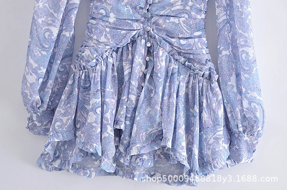 Boho Chic Floral Print Ruffle Mini Dress Women's Long Puff Sleeve V Neck Slim Fit A-line Party Dresses New Female Club Vestidos