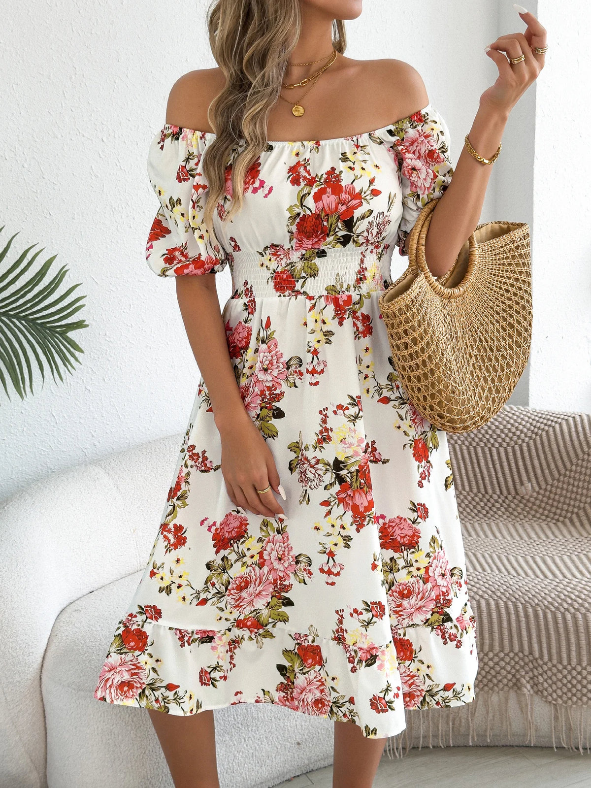 Elegant Floral Print Dresses for Women 2026 Spring Summer Casual Square Neck Short Sleeve Waist Cinching A Line Ruffled Dress