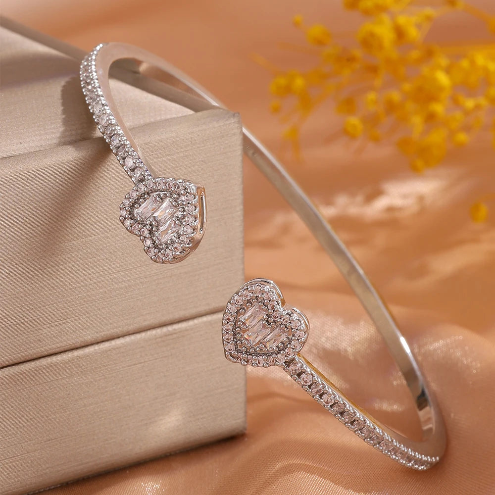 ZAKOL 5/1pcs Shiny Geometric Zirconia Inlaid Stainless Steel Copper Bracelet Set Heart CZ Stackable Bangle Jewelry Gift