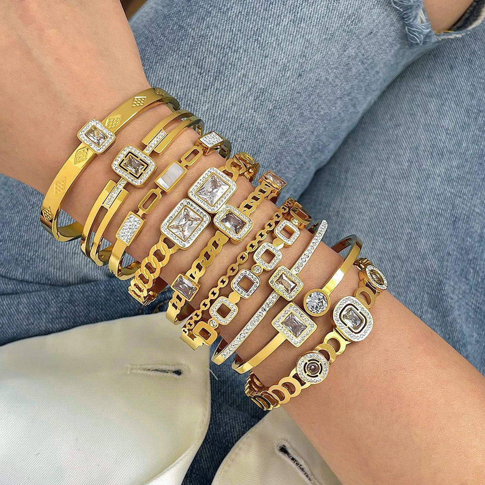 Flashbuy New Design Cubic Zircon Stainless Steel Bangles Bracelets for Women Geometric Gold Color Waterproof Fashion Jewelry