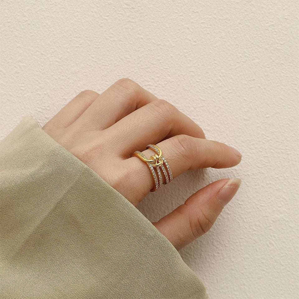 ZAKOL Fashion Double Layers Zircon Rings for Women Gold Color Plated Open Stainless Steel Ring Aesthetic Party Wedding Jewelry