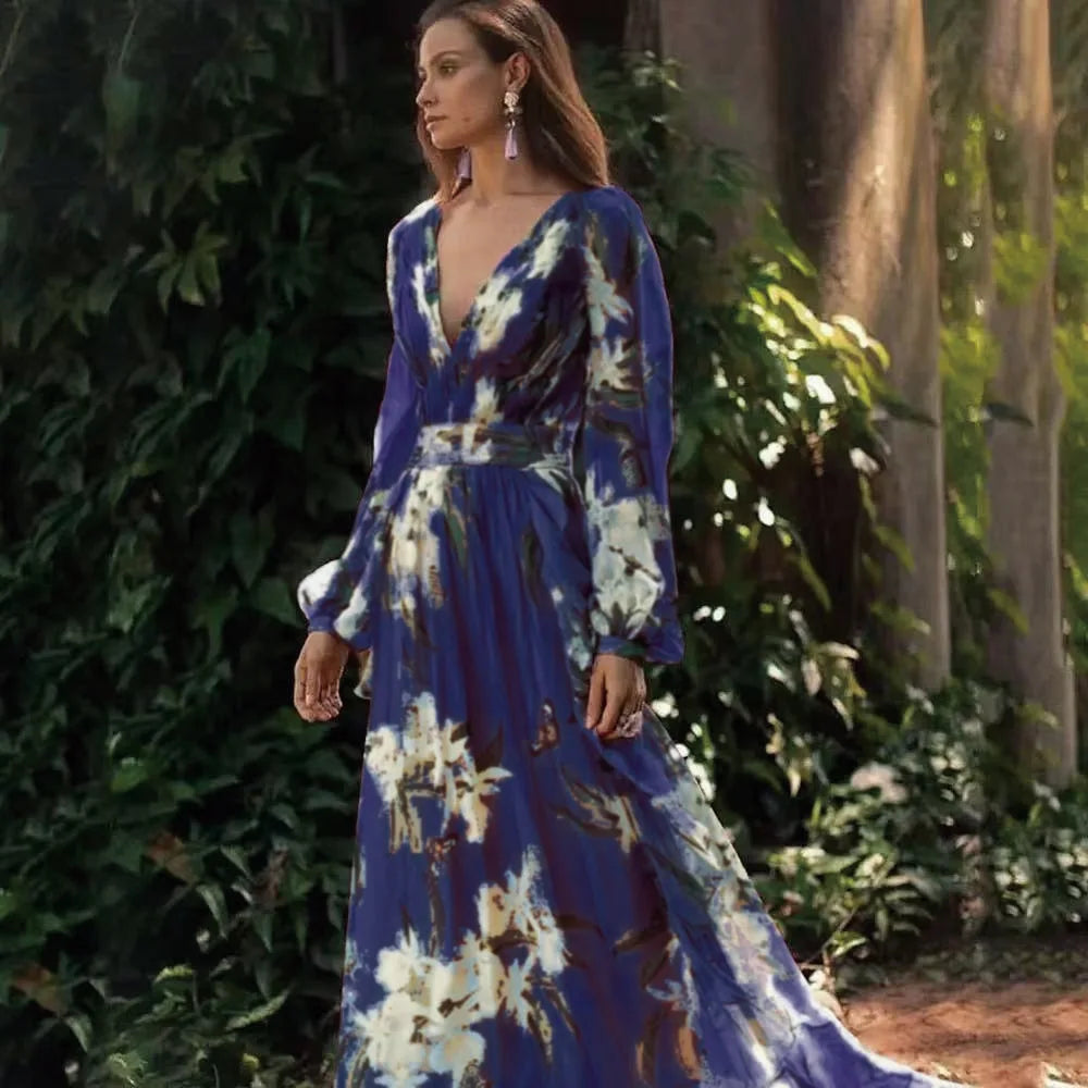 BKLD Flower Printed Long Sleeve V-Neck A-Line Dress 2026 Summer Woman Clothing Elegant Party Birthday Wedding Guest Dresses