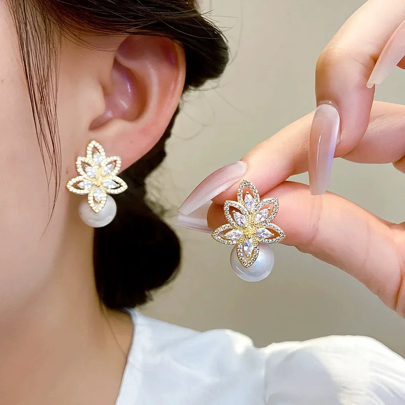 ZAKOL Temperament Imitation Pearl Flower Stud Earrings Elegant Leaf Marquise Zirconia Wedding Party Jewelry for Women