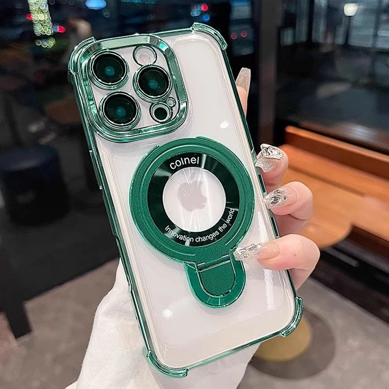 Luxury Plating Magnetic Bracket for Magsafe Clear Case for iPhone 17 16 15 Pro Max 11 12 13 14 Holder Stand Shockproof Cover