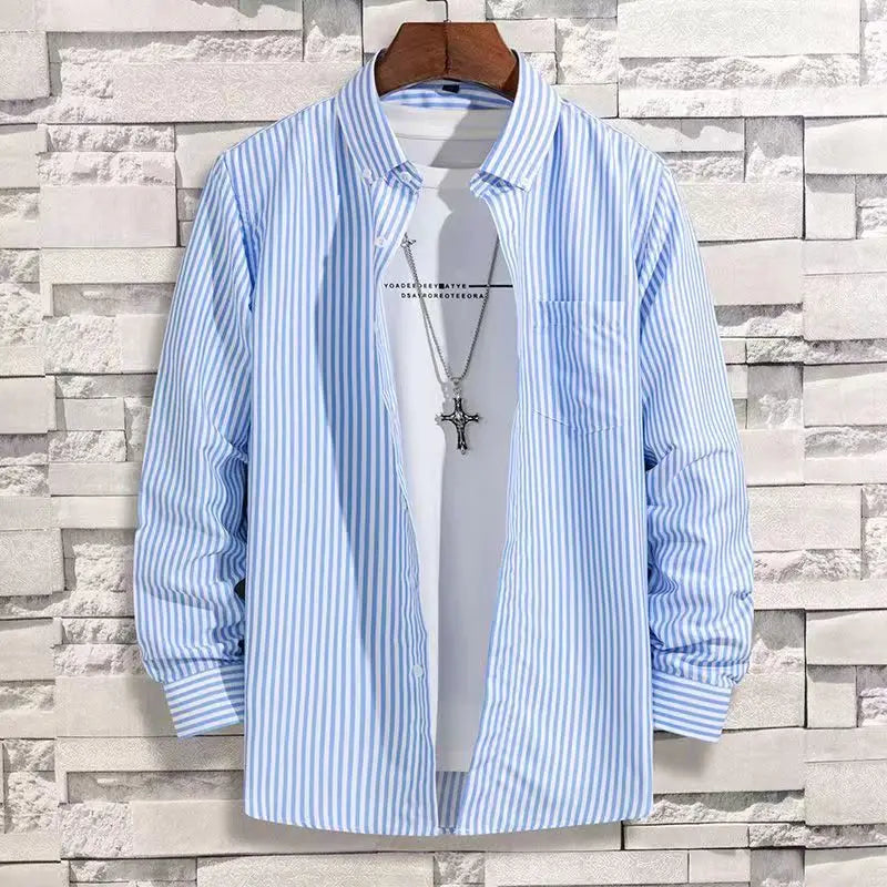 Mens Dress Shirts Striped Long Sleeve Plaid Checked Shirt Smart Casual Business Non-Ironing Korean Slim Fit Formal Blue White