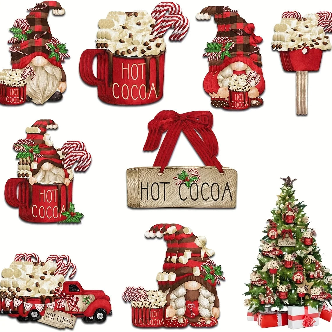 16/24/32pcs Wooden Hanging Ornaments Set with Hemp Rope - Red Ice Cream Truck & Hot Cocoa Themed Christmas Tree Decorations