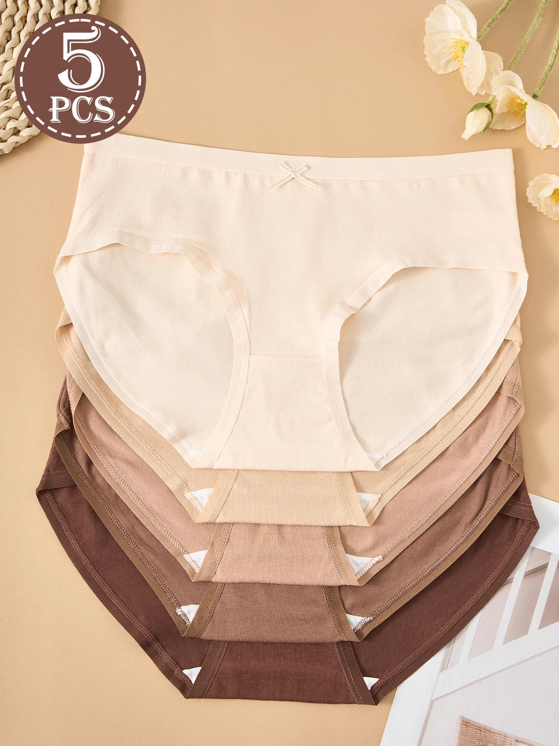 5PCS Maillard Color Pure Cotton Women's Underwear Solid Color Comfortable Panties Girls Low-Rise Briefs Casual Daily Wear
