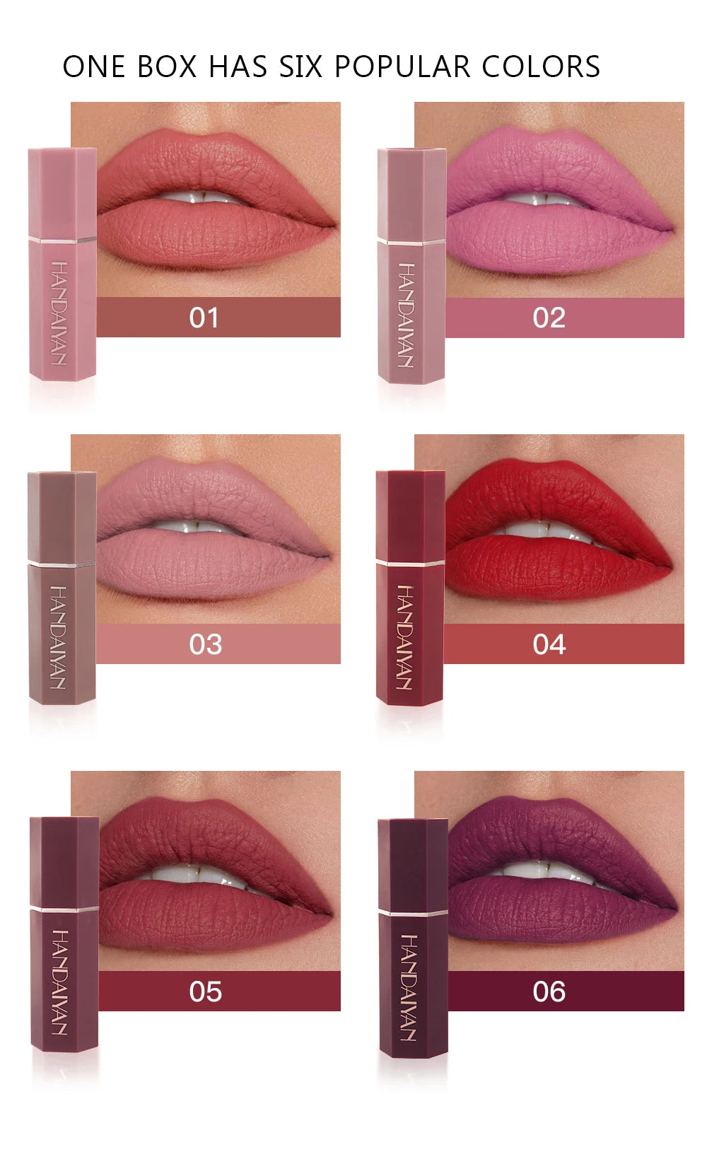HANDAIYAN Moisturizing Long-Lasting Matte Lipstick 6-Color Non-Stick Cup Show Temperament Sexy Nude Makeup Lipsticks Cosmetics