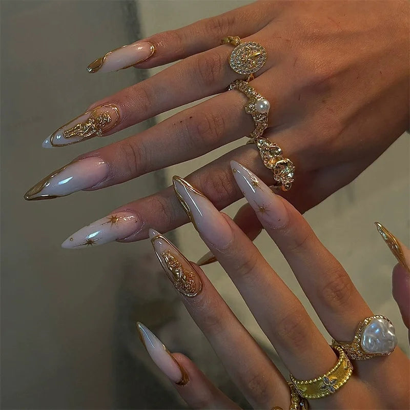 24Pcs French Flowers Pattern Almond Simple False Nails Set with Gloden Stripes Designs Detachable Finished Nails with Jelly Glue